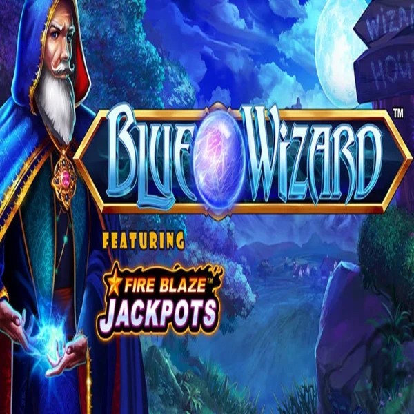 Blue Wizard Fire Blaze Jackpots logo by Rarestone Gaming Weiss Casino